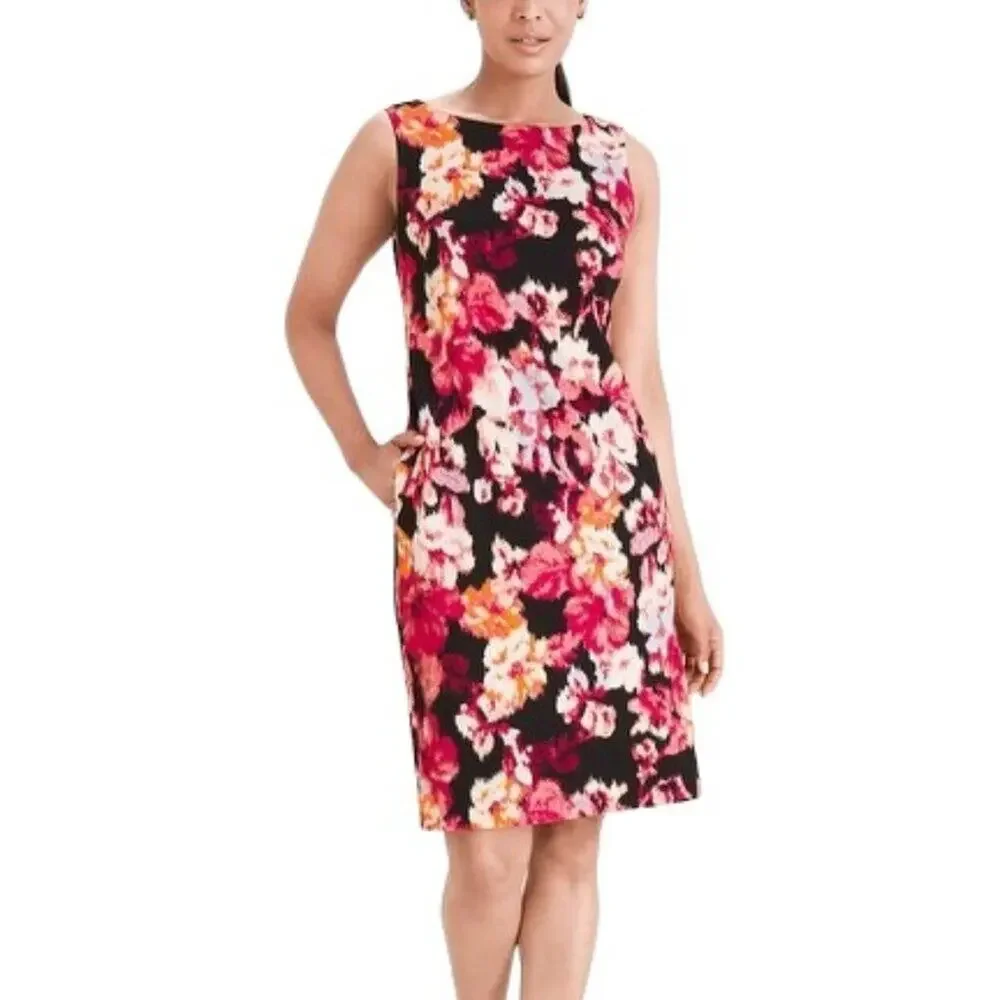 NWT CHICO'S Sleeveless Shift Ponte Dress in Black Florals  SZ 14